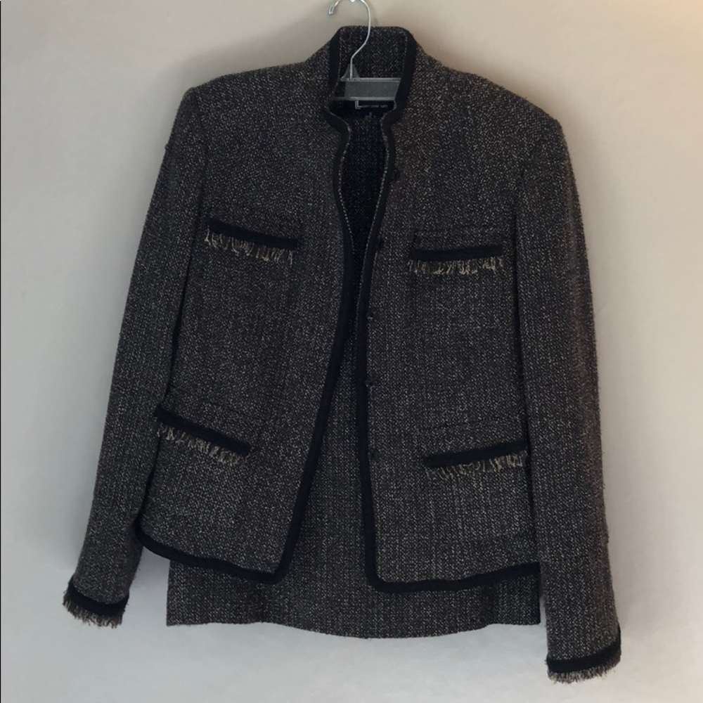 Larry Levine Black and Gray Tweed Fringe Trim Jacket